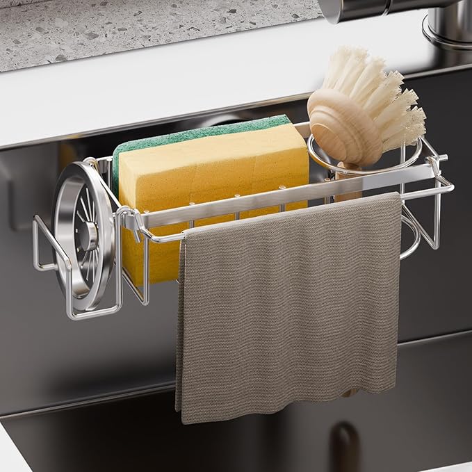 TAILI 4-in-1 Sponge Holder for Kitchen Sink with Strong Suction Cup-Silver | Removable Rustproof 304 Stainless Steel Multi-compartment Sponge Holder with Suction Cup, Keeps Brushes & Scrubbers Tidy by TAILI
