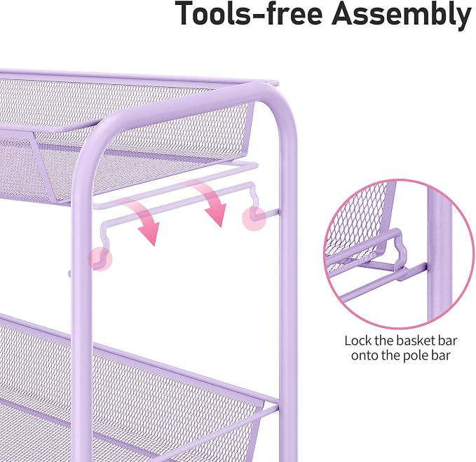 TOOLF 3 Tier Rolling Cart, Metal Utility Storage Cart with Wheels, Purple | 3 Hooks, Screwless Assembly, Trolley Organizer for Bathroom, Kitchen, Office, Nursery, Dorm, Laundry Room - Image 4
