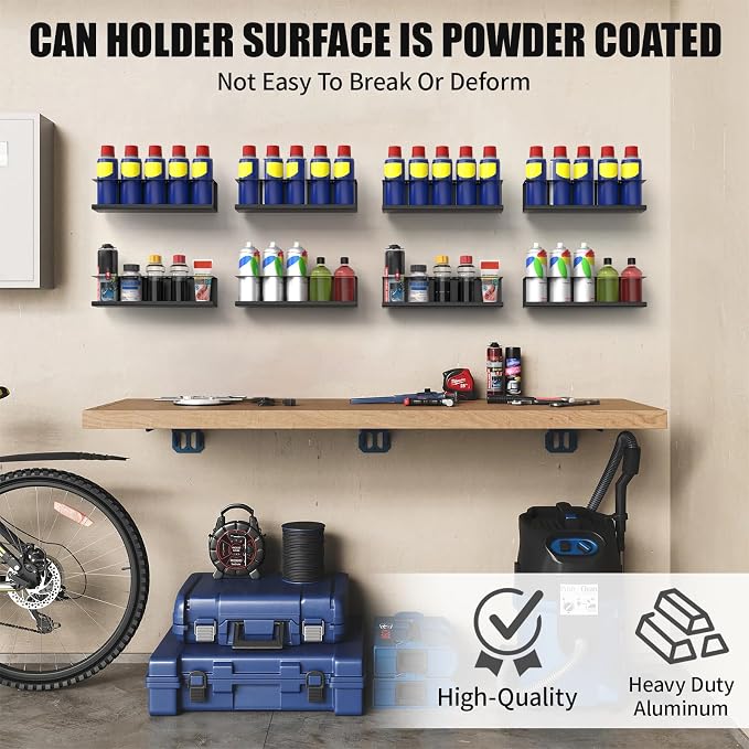 Riciakik 8 Pack Spray Bottle Holder Wall-Mounted, Aerosol Spray Can Holder Storage Rack, Heavy-Duty Paint Bottle Organizer with 40 Holes, Steel Black Spray Rack for Garage, Shop, Home or Tool Trailer - Image 3