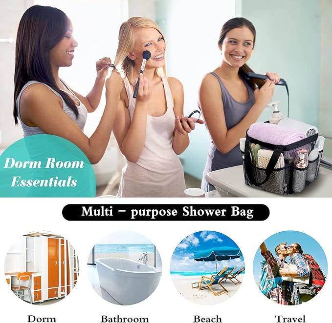 Mesh Shower Caddy Portable - 9 Pockets for College Dorm Room Essential | Large Capacity Mesh Shower Caddy with 9 Pockets, Portable Hanging Toiletry Bag for College Dorm, Gym, Camping and Beach - Image 4