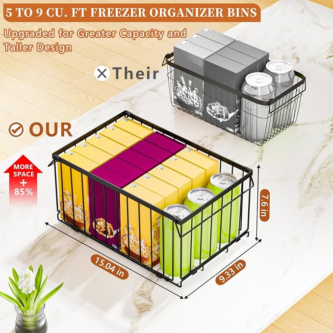 Large Freezer Organizer Bins for 5 to 9 Cu.Ft,Quick Expand/Collapse,3PACK | Freezer Organizer Bins, Stackable,foldable,With handle Wire Storage Container Baskets for Sort Frozen Meats,Leak-Proof Liner - Image 3