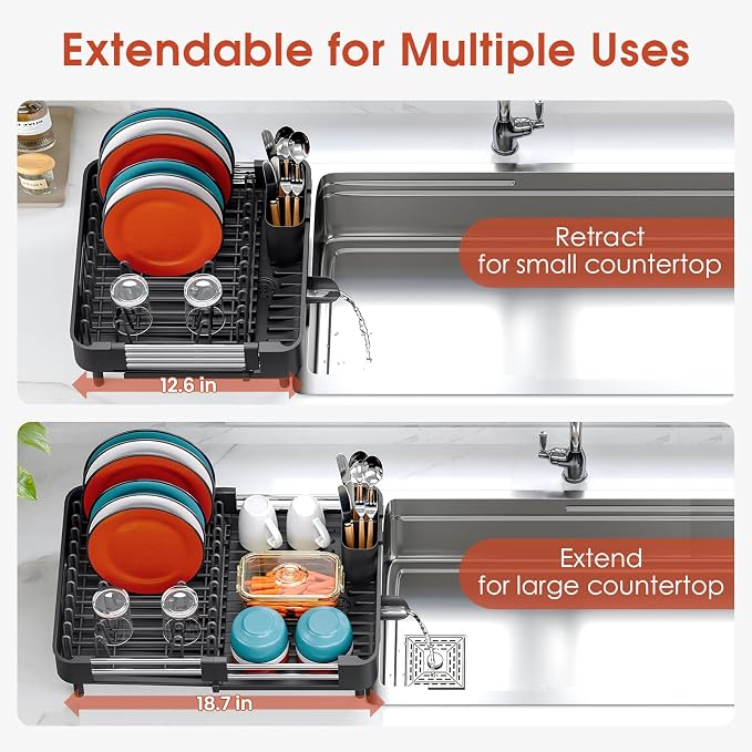 TOOLF Expandable Dish Drying Rack with Cutlery Holder, Standard, Black | Stainless Steel &PP, Extenable 12.6"-18.7"D, Anti-Rust, Auto-Drainage, Space-Saving, Fit for RV, Apartment Sink Countertop - Image 3