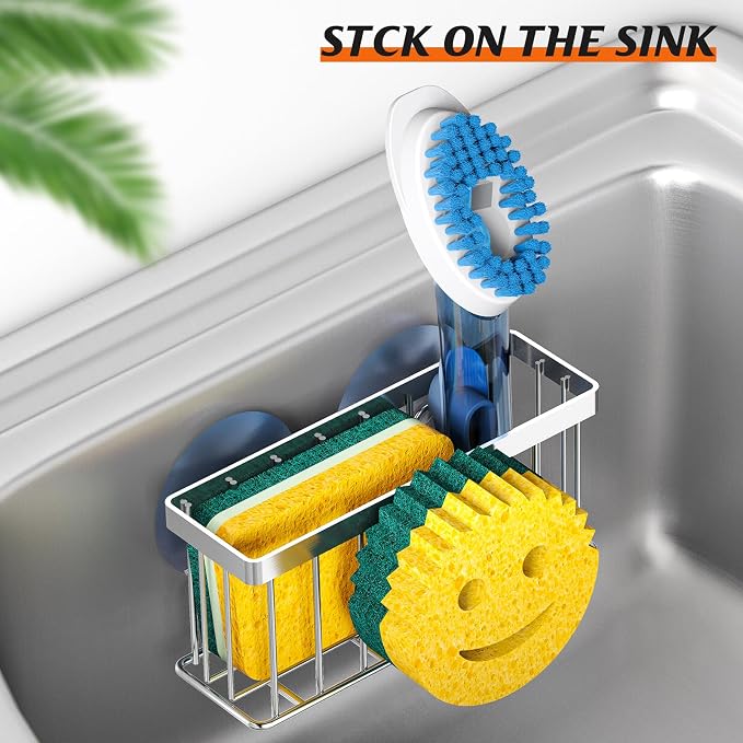 MURLONG Sponge Holder Smiley Face,Sink Caddy for Kitchen Sink,Sponge Holder with 2 PCS Suction Cups/1 PCS Adhesive Strips,Designed for Sponge,Soap,Dish Brush,Scrubber-Silver - Image 5