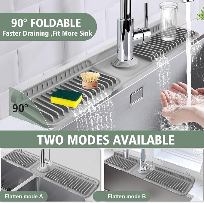 24-Inch Kitchen Sink Splash Guard Mat | 7° Slope for Fast Self-Draining | Snap-Lock Design | Universal & Cuttable Silicone Faucet Mat Gray - Image 5