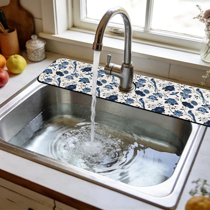 3 Pcs 2 Size Kitchen Sink Splash Guard Faucet Mat Blue Flowers and Birds Pattern Faucet Mats for Sinks Vintage Flower Absorbing Drying Mat for Kitchen Bathroom - Image 6