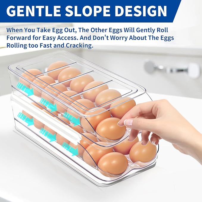 MesRosa Egg Holder for Fridge, Automatic Rolling Egg Organizer -3 Layer | Stackable Clear Egg Container & Tray for Refrigerator, Durable Dispenser and Storage with Sturdy Lid to Saving Space - Image 2