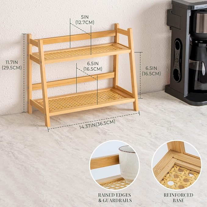 ANBOXIT Matcha Station Organizer, Countertop Bamboo Coffee & Tea Station | Rattan-Look 2 Tier Mug Holder Display Stand for Kitchen Condiment, Coffee Accessories, Home, Office - Image 5