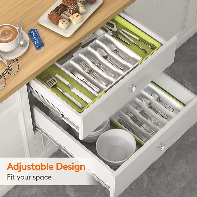 Lifewit Extra Large Silverware Drawer Organizer, Expandable Utensil Tray | BPA Free Flatware Cutlery Holder for Kitchen, Adjustable Plastic Storage for Spoons Forks Knives, 13-22 x15, Green&White - Image 9