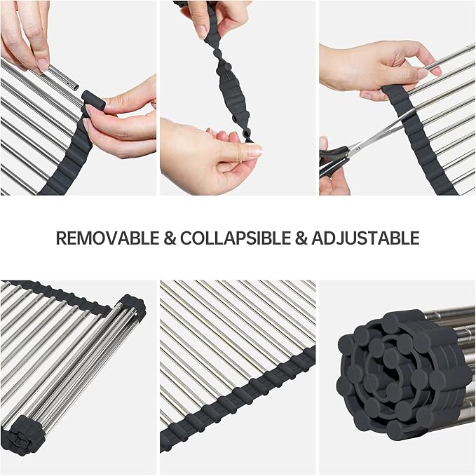 CHIRISEN Expandable Roll Up Dish Drying Rack Large, Foldable Over The Sink Dish Drying Rack, Collapsible Stainless Steel Drainer Over Sink Dish Drying Rack for Kitchen Counter (Black, 21.25''x12.79'') - Image 7
