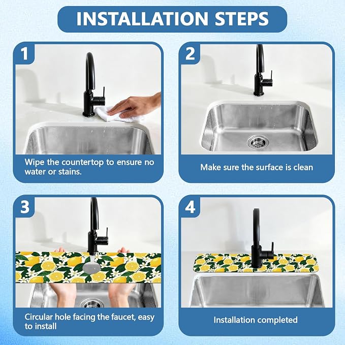 2 Pcs Kitchen Sink Splash Guard Faucet Mat Lemon Flowers and Leaves Pattern Faucet Mat for Sinks Flower Absorbing Drying Mats for Kitchen Bathroom - Image 4