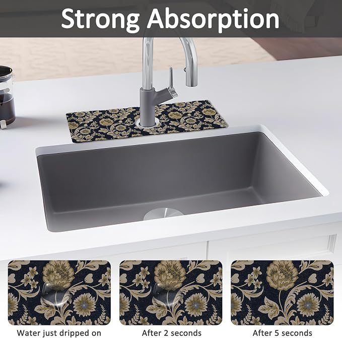 2PCS 15" X 5.5" Kitchen Sink Splash Guard Faucet Mat Floral Flower Super Absorbent Fast Drying Faucet Guard & Draining Mat Sink Splash Guard Behind Faucet for Kitchen, Bathroom - Image 3