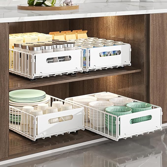 YunNasi Pull Out Cabinet Organizer, White, 2Piece 9.8" W X15 D X7.5 H | Slide Out Drawer Storage Shelves, Cupboard Organiser, Sliding Cabinet Basket for Kitchen, No Drilling and Nailing - Image 6