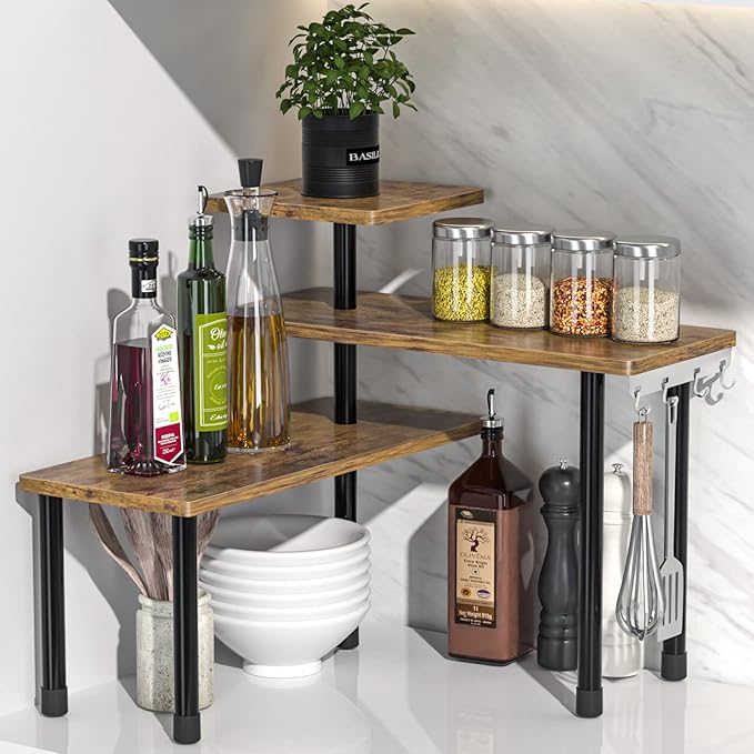 JayRex Kitchen Countertop Organizer 3-Tier Corner Shelf, Rustic Brown | Space-saving corner design organizes spices, skincare and toiletries on kitchen and bathroom counters. by JayRex