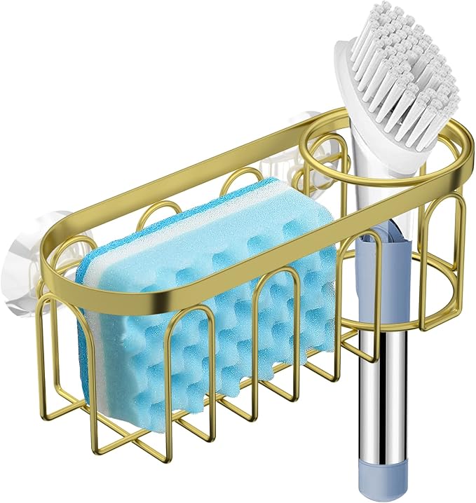 2-in-1 Sponge Holder for Kitchen Sink, Sink Caddy Kitchen Sink Organizer with 3 Suction Cups, No Drill Rustproof Sink Sponge Holder for Dish Brush, Soap & Sponge (Gold) by Yazoni