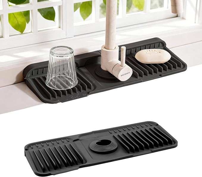 ZJWZLG Faucet Mat for Kitchen Sink, 14"X5.5" Silicone Sink Splash Guard , Snap-On Design & 7°slope Fast Drain, Folding Sink Faucet Mat for Universal Kitchen Bathroom Sink(Black) by ZJWZLG
