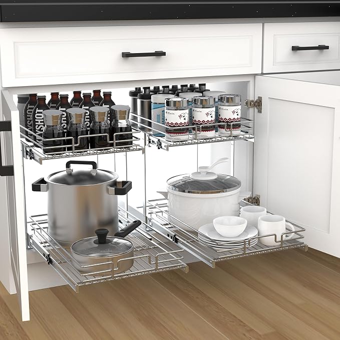 2 Tier Pull Out Cabinet Organizer, 17" W x 21" D Heavy-Duty Metal Sliding Drawer Shelf for Kitchen Cabinets, Chrome, Doesn't Include Door Fittings - Image 8