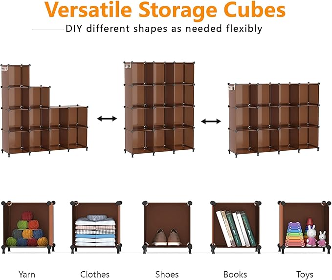 AWTATOS Closet Organizer, 12 Cube Storage Organizer Shelves, Cocoa Brown | Portable Closet Organizers Storage Shelves, DIY Stackable Bookshelf, Plastic Clothes Organizer Shelving for Home, Bedroom - Image 5