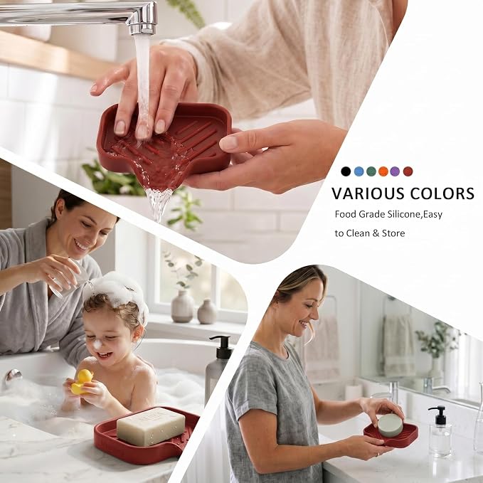 MicoYang Silicone Soap Dish with Drain Spout, Self-Draining Sink Organizer Tray for Bathroom and Kitchen, Sponges, Dispensers and Soap Holder, Non-Slip and Dishwasher Safe, Red (Compact, 4.9"×3.2") - Image 4