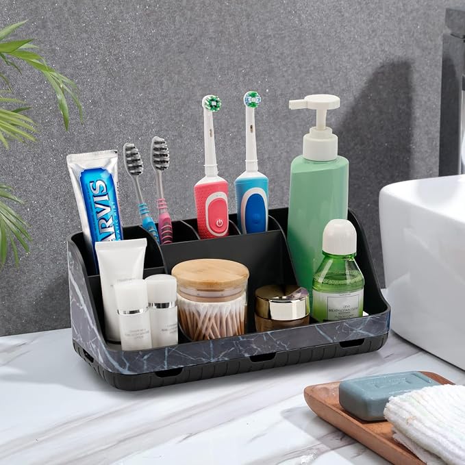 GFWARE Marble Black Toothbrush Holder for Bathrooms, Bathroom Sink Storage | Detachable 7 Slots Kid Electric Toothbrush and Toothpaste Holder, Bathroom Sink Accessories Storage Caddy Marble-Look, Black - Image 6