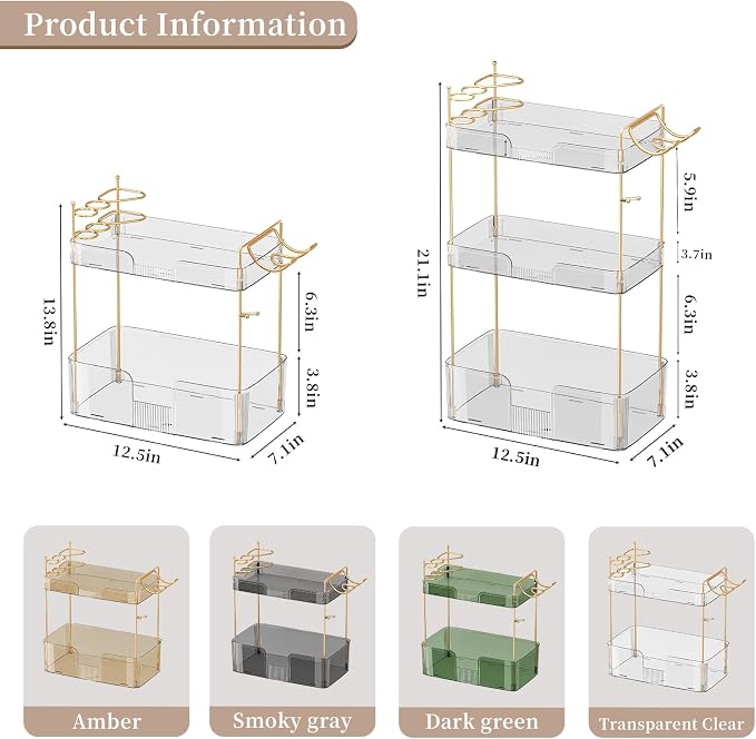 Akinbas 3 Tier Bathroom Organizer Countertop Makeup Perfume Tray Skincare Organizer Comes with Hair Dryer Rack and Toothbrush Holder for Bathroom Dresser Vanity (White) - Image 3