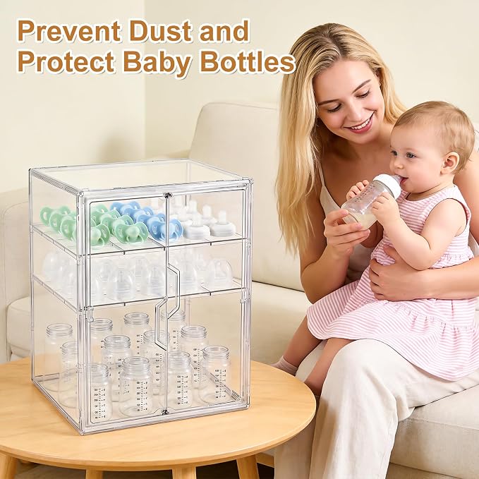 ERTIUANIO Baby Bottle Organizer for Countertop Cabinet Storage | 3 Tier Adjustable Clear Acrylic Station Container with 2 Removable Dividers for Vanity, Bathroom, Nursery, Gifts for New Mom - Image 5