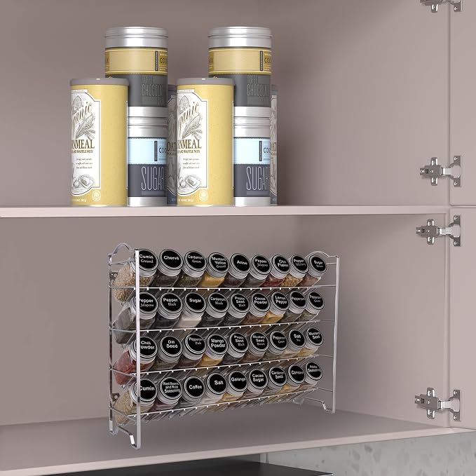 SWOMMOLY Spice Rack Organizer with 36 Spice Jars 4 oz and 396 Spice Labels | Chalk Marker, Funnel Set, Spice Organizer for Cabinet, Countertop, Pantry, Cupboard & Wall Mount, 16.5" W × 12.6" H, Silver - Image 2