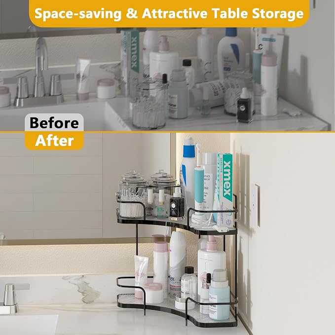 2 Tier Corner Bathroom Counter Organizer, Corner Makeup Organizer | Vanity, Perfume, Skincare Organizers, Kitchen, Bathroom Counter Storage, Tool-Free Assembly, Space-Saving, Black - Image 4