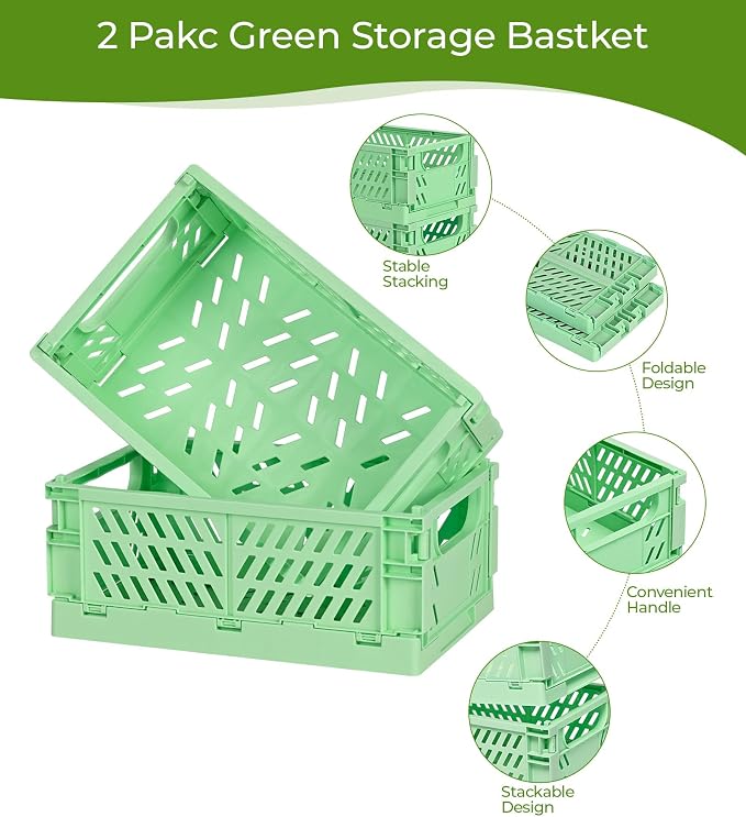 HUUSMOT 4-Pack Collapsible Plastic Storage Baskets, Green, 9.8"x6.5"x3.8" | Pastel, Space-Saving, Collapsible Plastic Bins, Cute Mini Storage Crates, for Classroom, Kitchen, Office, Bedroom - Image 2