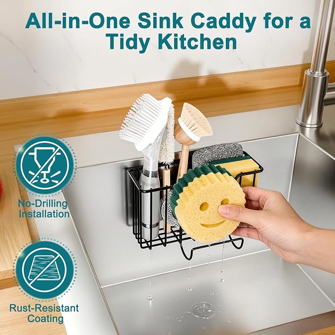 Fikoksol Sponge Holder for Kitchen Inside Sink Hanging with Adhesive Hook | Multifunctional Kitchen Sponge Caddy for Brush Storage, Metal Deep Non-Rust Kitchen Sponge Organizer Rack In Sink Accessory - Image 7