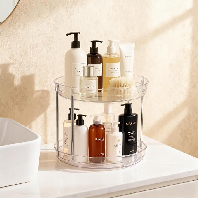 2-Pack 2-Tier Clear Lazy Susan Turntable Organizer, 9.5" Rotating Spice Rack for Kitchen Cabinet, Countertop Tray for Bathroom & Vanity to Organize Makeup, Perfume and Jewelry - Image 4