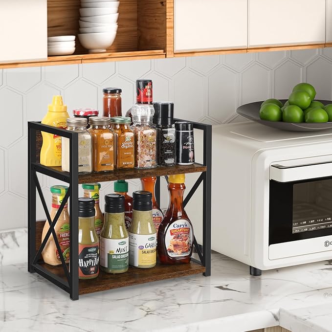 YINMIT Countertop Shelf Organizer,Coffee Bar Accessories,Spice Rack,Coffee Counter Shelf,2 Tier Coffee Organizer Station for Mugs,Cups,Cream,Syrup(Rustic Brown, Medium) - Image 4