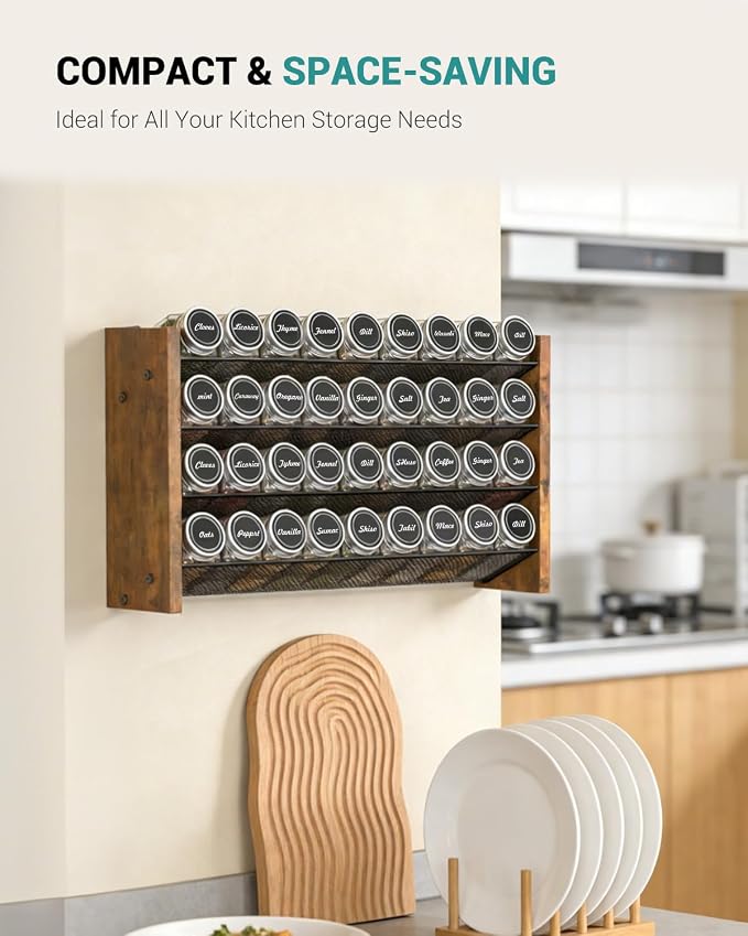 Spice Rack Organizer with 36 Glass Jars, for Cabinet Wall Mount Countertop | 4-Tier Seasoning Organizer with Labels, Chalk Marker & Funnel for Pantry, Kitchen Storage, Wood, 17.2 in W x 9.4 in H - Image 6