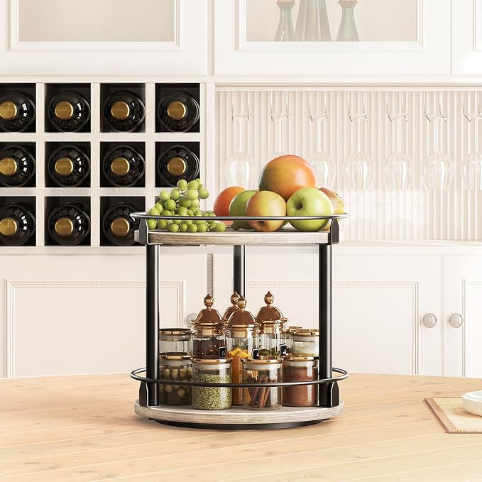 Lazy Susan Organizer, Rotating Spice Rack, 2 Tier Spice Turntable Organizer, Industrial Turntable Spice Holder, for Kitchen Countertop and Cabinet, Compact and Versatile, Greige SR22BG - Image 3