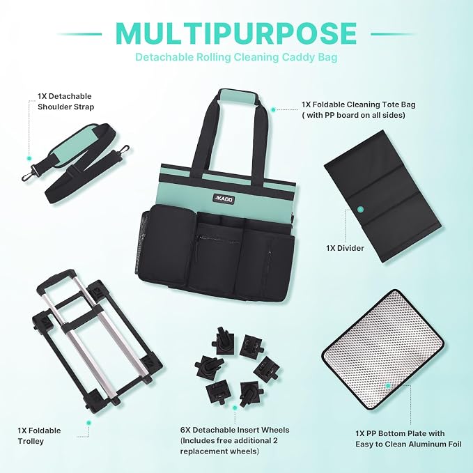 JKAOO Large Rolling Cleaning Caddy Bag with Detachable Trolley, Blue-Green | Waterproof Cleaning Caddy with Wheels, 40L Wheeled Organizer Cart for Supplies, Housekeepers, Home, Office, Car, Picnic - Image 8