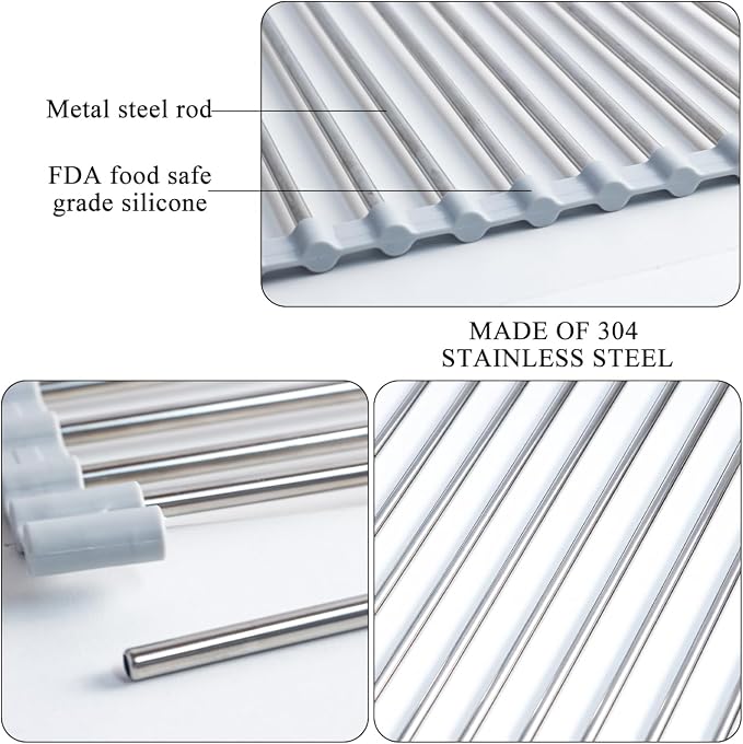 Roll Up Dish Drying Rack 17.5''x11.8'' Gray | Kitchen Rolling Dish Drainer, Foldable Sink Rack Mat Stainless Steel Wire Dish Drying Rack for Kitchen Sink Counter Storage - Image 2