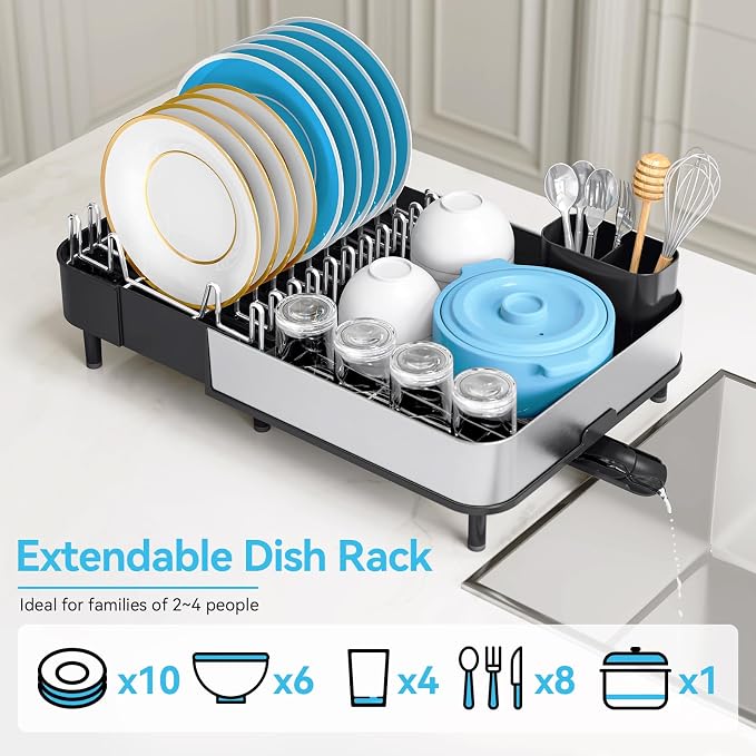 Urackify Stainless Steel Dish Drying Rack for Kitchen Counter,Black | Extends to 20.67'',Expandable & Foldable,Rust-Resistant,Rotatable Drain Pipe & Utensil Holder,Dish Drainer For 2-4 People - Image 4