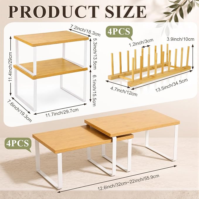 8 Pcs Kitchen Organizer Accessories Set Stackable Cabinet Organizer Shelf and Bamboo Plate Holder Dish Rack for Plates Bowls Pot Lids Cups Glasses Cutting Boards Countertop Storage (White) - Image 2