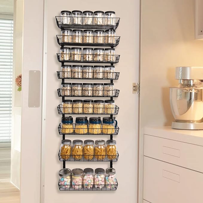 SWOMMOLY Wall Mount Spice Rack Organizer, 9-Tier Adjustable Dual-Use Shelf | Hanging Spice Rack Organizer, Kitchen Pantry Cabinet Storage Holder for Spices, Mason Jars, Bottles & Cans, Black - Image 2