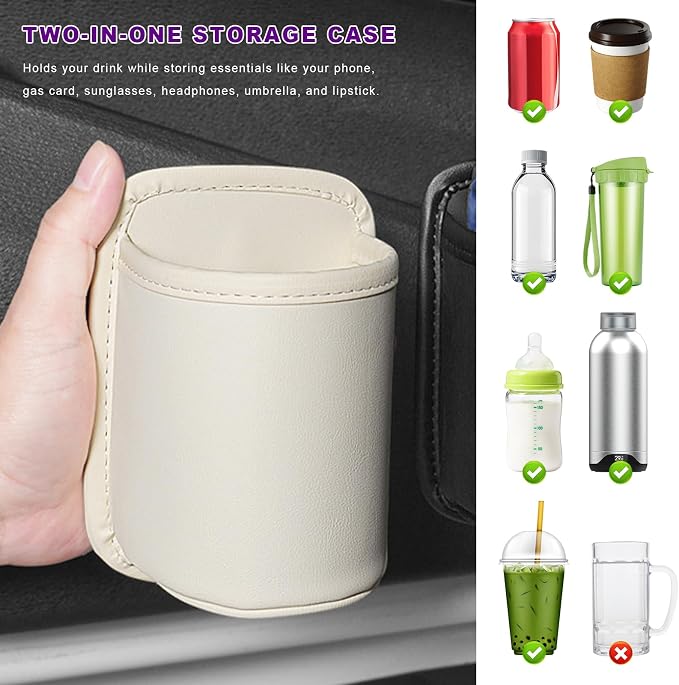 2 PCS Large Car Door Cup Holders, Clip On Beverage Drink Holder Vehicle Door Storage Organizer, Scratch-Resistant Leather Water Bottle Hanging Holder for SUV Sedan Truck (White) - Image 3