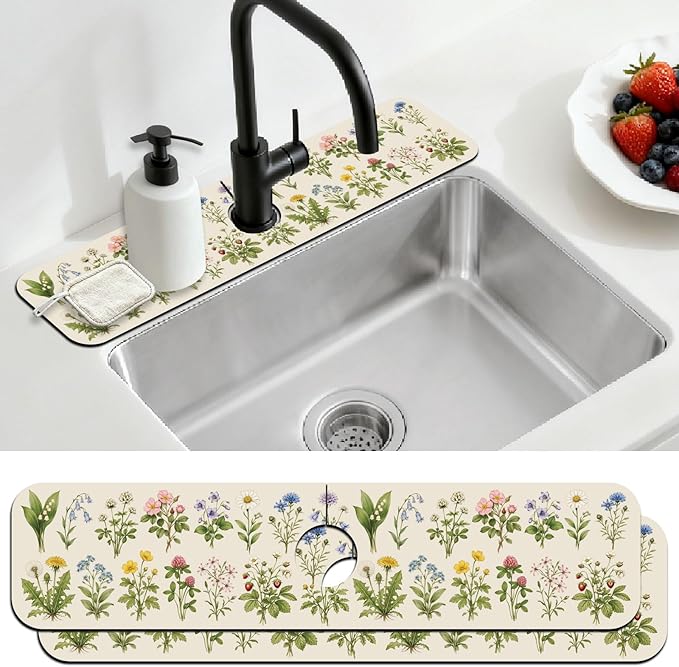 2 Pcs Flowers and Plants Kitchen Sink Splash Guard Faucet Mat for Sinks Absorbing Drying Mats for Kitchen Bathroom, 23.6x5.5inch by CONCHLERY%E6%97%97%E8%88%B0%E5%BA%97