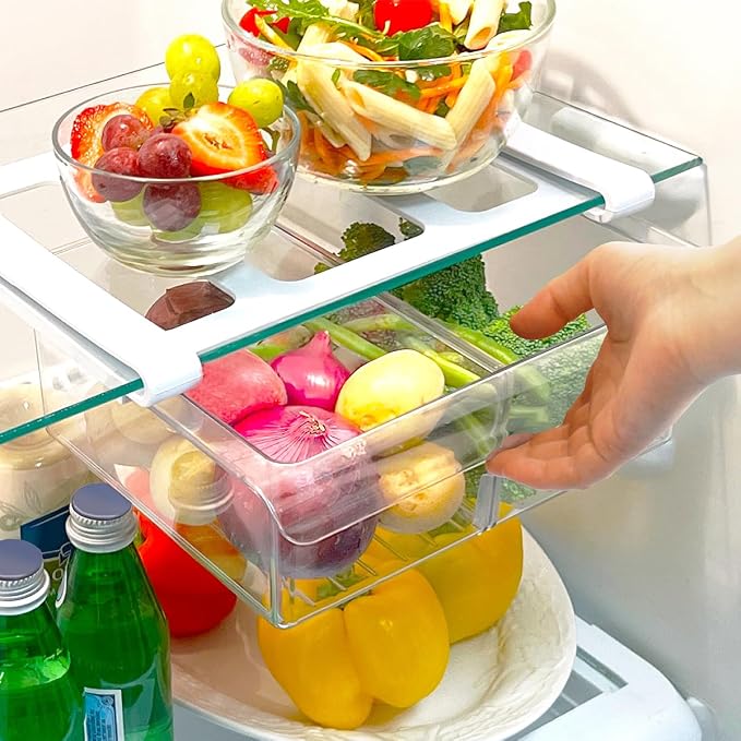 Glad Pull Out Fridge Drawer Organizer - Clip-On Under Shelf Refrigerator & Pantry Storage Bin with 2 Compartments for Fruit, Vegetables, and Deli Meat Drawer - BPA Free Clear Plastic - Image 9