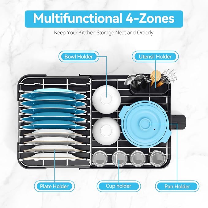 Urackify Stainless Steel Dish Drying Rack for Kitchen Counter,Black | Extends to 20.67'',Expandable & Foldable,Rust-Resistant,Rotatable Drain Pipe & Utensil Holder,Dish Drainer For 2-4 People - Image 2