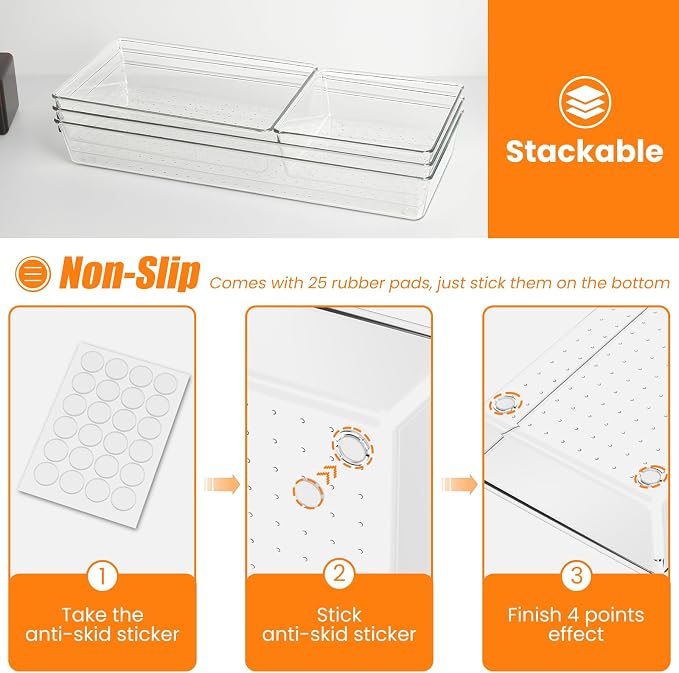22 Pcs Drawer Organizer Bins, Acrylic Non Slip Kitchen Drawer Organizers Storage Tray Divider, Multifunctional Storage for Cosmetics, Bathroom, Tools, Kitchen and Office - Image 3