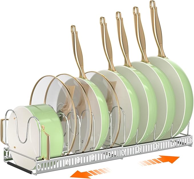 MUDEELA Expandable Pot Pan Lid Organizers inside Cabinet, 10 Divider-Silver | Expandable 11.8–22.9", 10 Adjustable Divider, Tool-Free Assembly, Non-Slip, Scratch-Proof, For Pan Lid Cutting Board Bakeware by MUDEELA