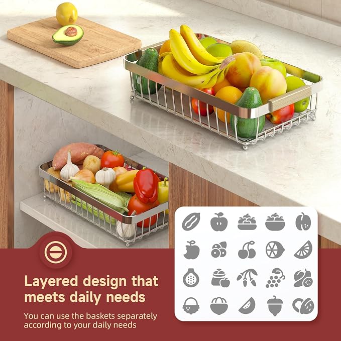 2-Tier Fruit Basket with Banana Hangers, Detachable Metal Bowl | Wooden handle, protective mats included. Versatile holder for bread, snacks, and veggies. Large 2 tier metal design. - Image 4