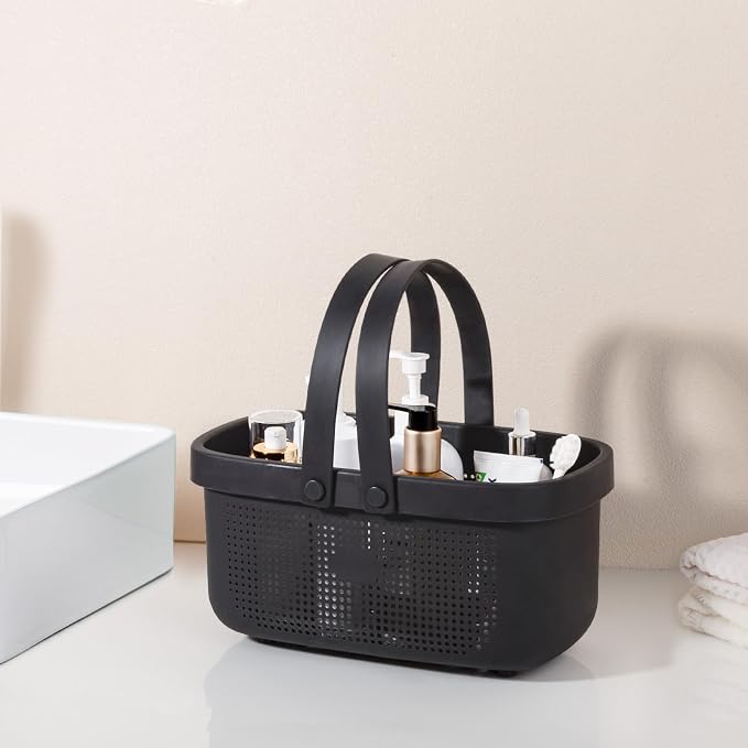 Portable Shower Caddy Basket with Handles Plastic Storage Basket Black | Sturdy Drainage Large Capacity Organizer Basket with Silicone Handles for Bathroom Kitchen Bedroom College Dorm Essentials - Image 2