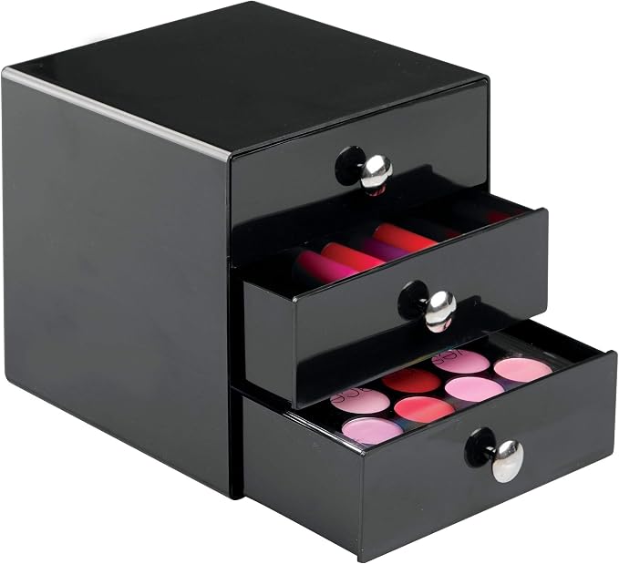 iDesign 35360 3-Drawer Plastic Vanity Organizer, Compact Storage Organization Set for Cosmetics, Dental Supplies, Hair Care, Bathroom, Dorm, Desk, Countertop, Office, 6.5" x 6.5" x 6.5", Black | BPA-Free Plastic by iDesign