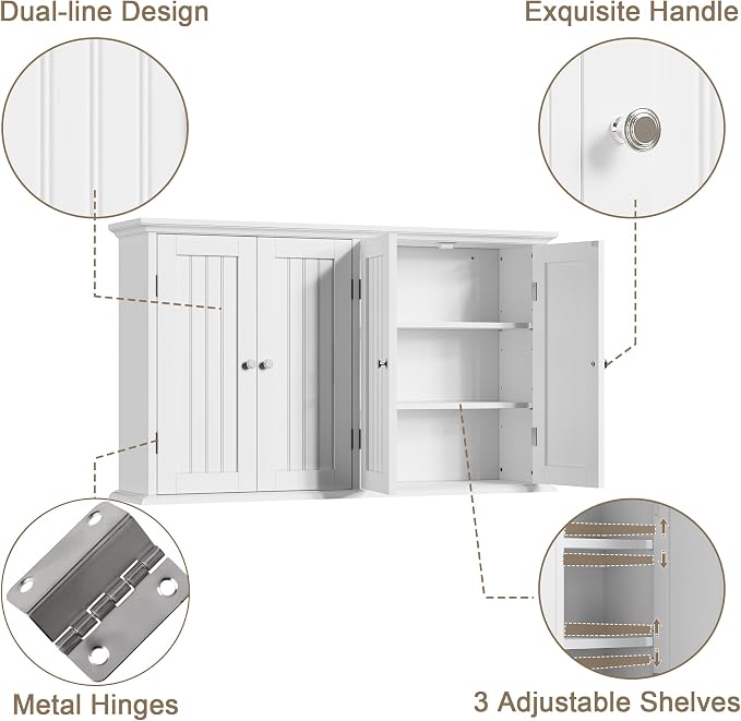 ChooChoo Laundry Cabinet with 4 Doors and Adjustable Shelves | 9.06"D x 40.9"W x 24"H, Bathroom Wall Cabinet, Cupboard, White - Image 6
