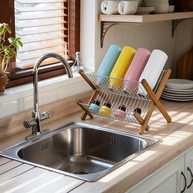 HTB Dish Drying Rack 2 Tier,Stainless Steel & Teak Wood Dish Drying Rack | Foldable Dish Drainer for Plates, Cups, Bottles, Kitchen Counter, Apartment, Collapsible Kitchen Drying Rack, Space Saving - Image 8