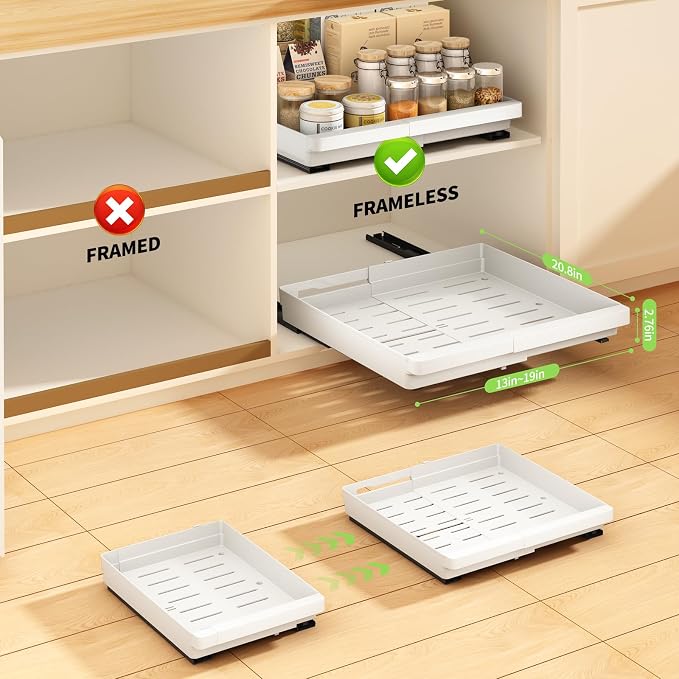 DOMNIU Pull Out Cabinet Organizers Expandable,White,20.8"Depth,2 Pack | Slide Out Drawers for Kitchen, Bathroom, Pantry, Under Sink Storage, Fixed with Adhesive Nano Film (13''-19'') - Image 3